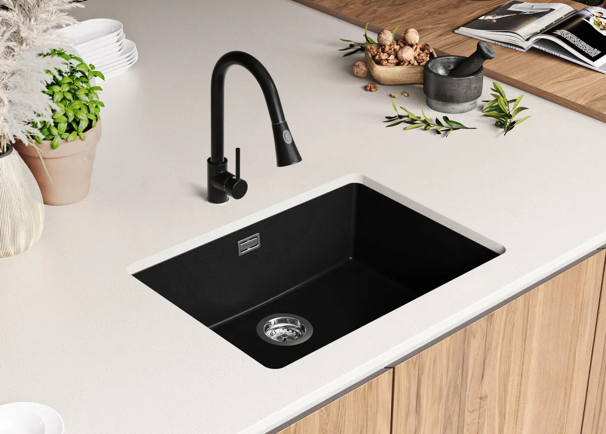 PRIMAGRAN Lavandino sottotop Tutto Nero - London, 66x47cm | Lavello in Granito a 1 Vasca + Rubinetto 40x20cm + Zuberhor-Set, Lavabo da Cucina al Mobile 70cm (S406)