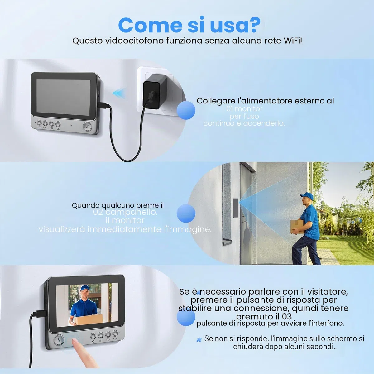Campanello senza fili con fotocamera, IP65 esterno, impermeabile, 1080P HD schermo 4.3", 2.4G Campanello video senza fili, audio bidirezionale, visione notturna, resistente alle intemperie, supporta