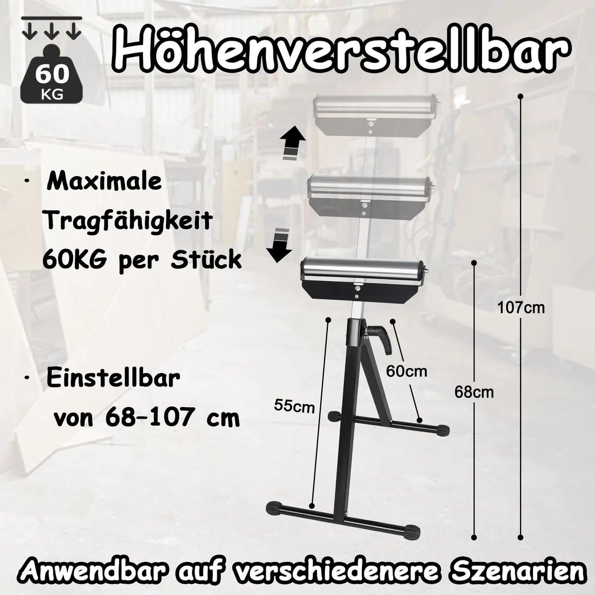 NAIZY 4x Rullo Regolabile Altezza Cavalletto 68-107cm, Banchetto Lavoro Pieghevole Con Piedini Antiscivolo Acciaio Massimo Fino A 60KG/Pezzo