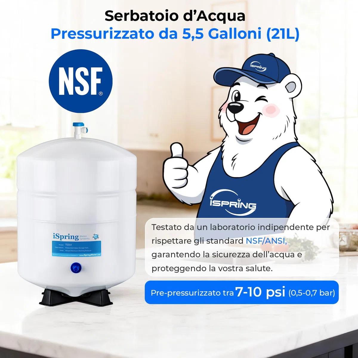 iSpring T55M Serbatoio di Stoccaggio dell'Acqua Pre-pressurizzata Residenziale da 5,5 Galloni per Osmosi inversa