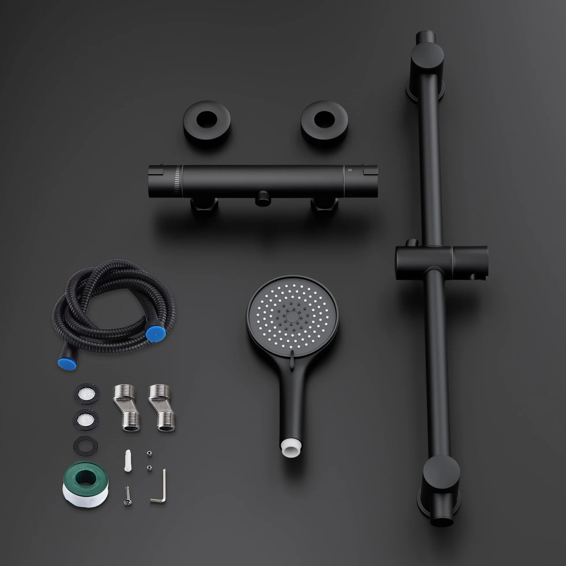 MORADO Miscelatore Doccia Nero con Asta Doccia 70 cm,Set Colonna Doccia Nera con Flessibile e Supporto,Flessibile Doccia 150cm, Doccetta con 3 Funzioni