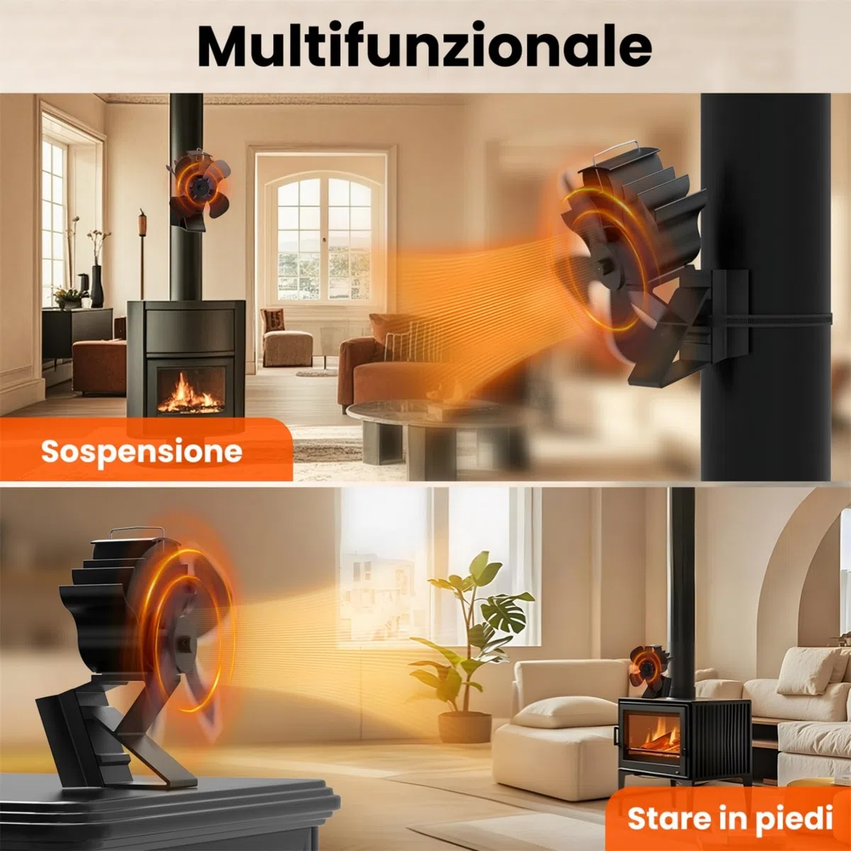 ICARE ventola per stufa a legna, ventilatore per stufa a legna, 2 in 1 silenzioso ventola per camino senza elettricità, pezzo di ricambio