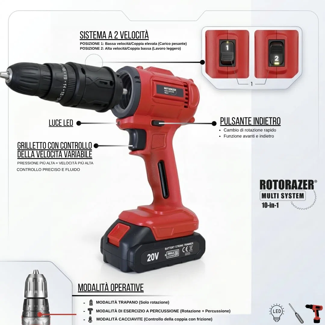 Rotorazer Multi System 10 in 1 - Multiutensile wireless 20 V: Trapano a percussione, seghetto alternativo, smerigliatrice, levigatrice e oscillante, kit completo con valigetta e batteria 1500 mAh