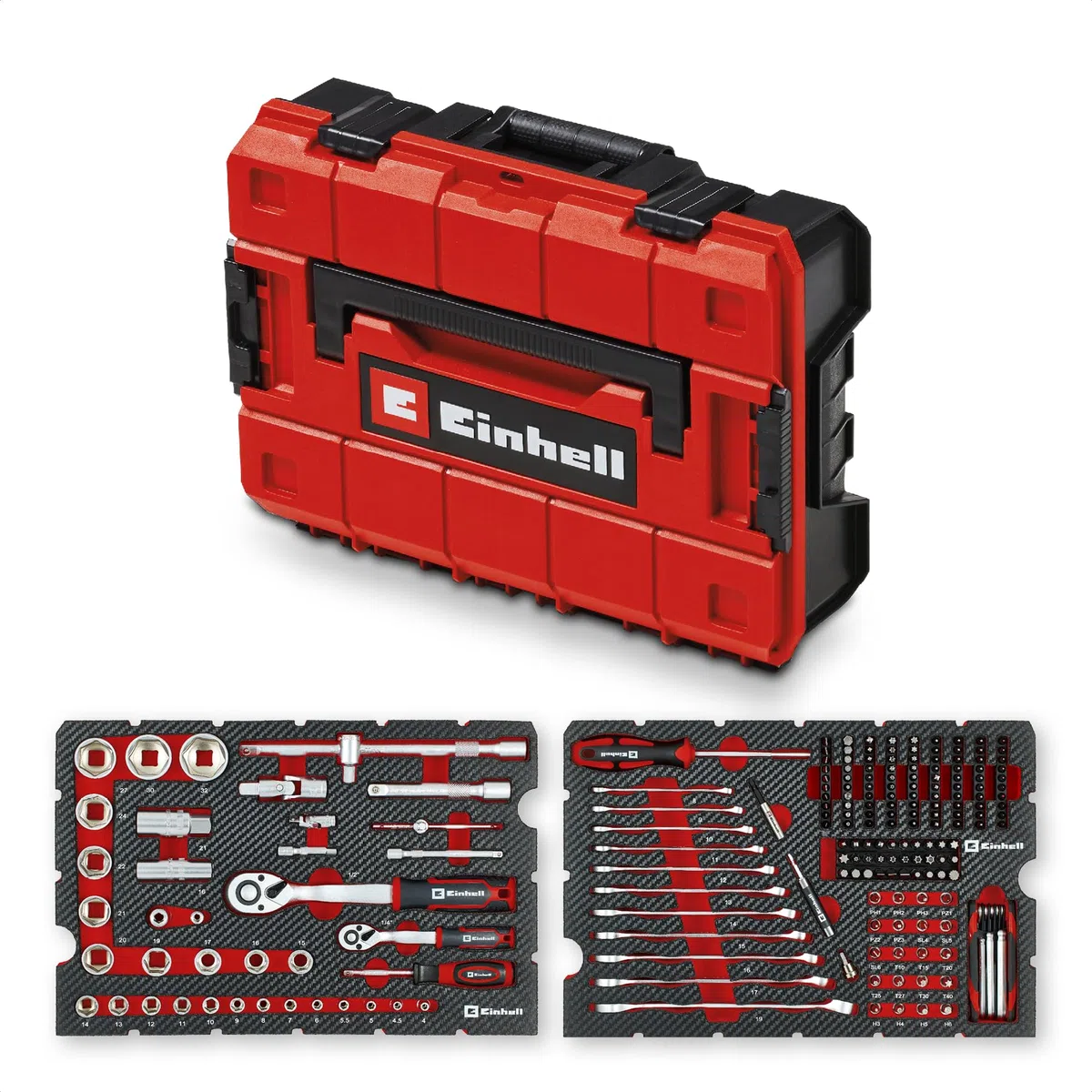 Originale Einhell Valigetta Attrezzi Meccanica E-Case 201 pz (Multifunzione, Set Bit, Bussole, Cricchetti, Chiavi, Sistema E-Case)