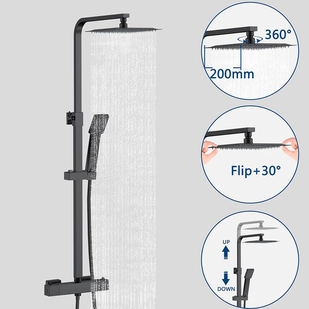 OCEAN ITALY Colonna Doccia con Soffione Acciaio Inox 20x20cm, Gruppo Doccia con Miscelatore Termostatico, Saliscendi Doccia Moderno Quadrato Regolabile 73-115cm, Nero Opaco
