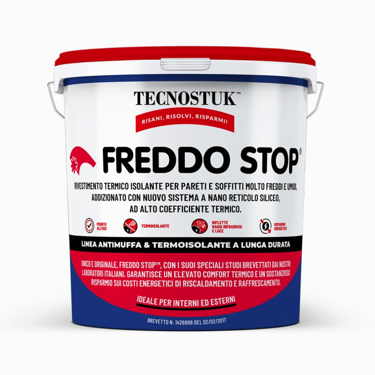 TECNOSTUK Freddo Stop 2,5 L. – Rivestimento Termico Isolante con Nano-Reticolo Siliceo – Barriera Contro il Freddo per Pareti e Soffitti – Pronto all’Uso, Classe A+, Brevetto Italiano