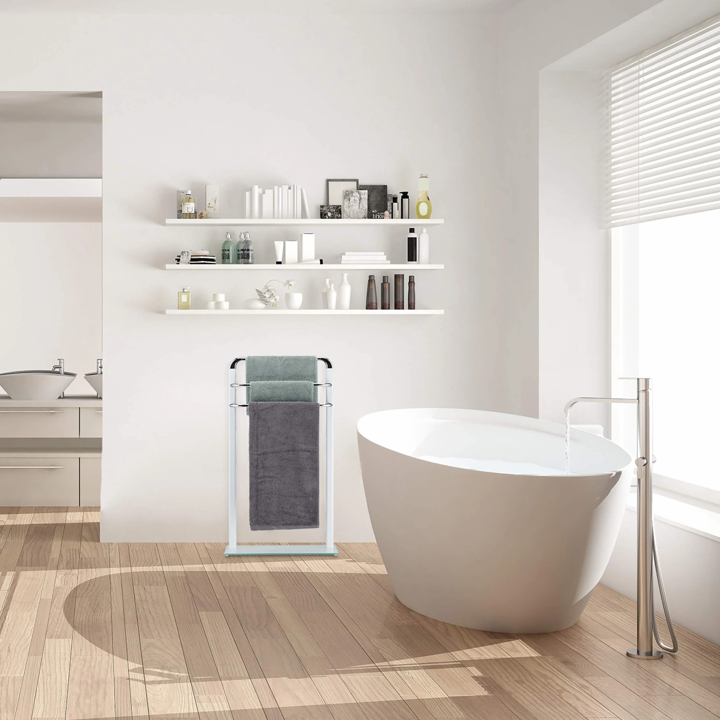 Relaxdays Asciugamani da Terra, Porta Salviette in Metallo Cromato, Piantana da Bagno a 3 Bracci, Bianco/Argento, HxLxP: 80x45x20 cm