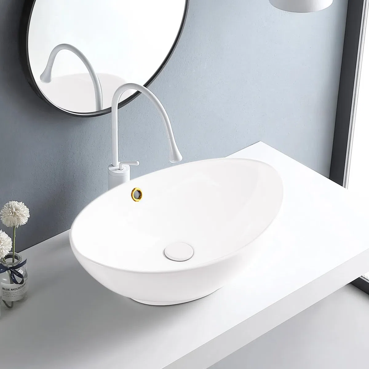 AQUAUNO Lavabo da appoggio MAYA, 59 x 39 cm, ovale, in ceramica bianca, senza foro per rubinetto, con troppopieno, oro, sanitari bagno