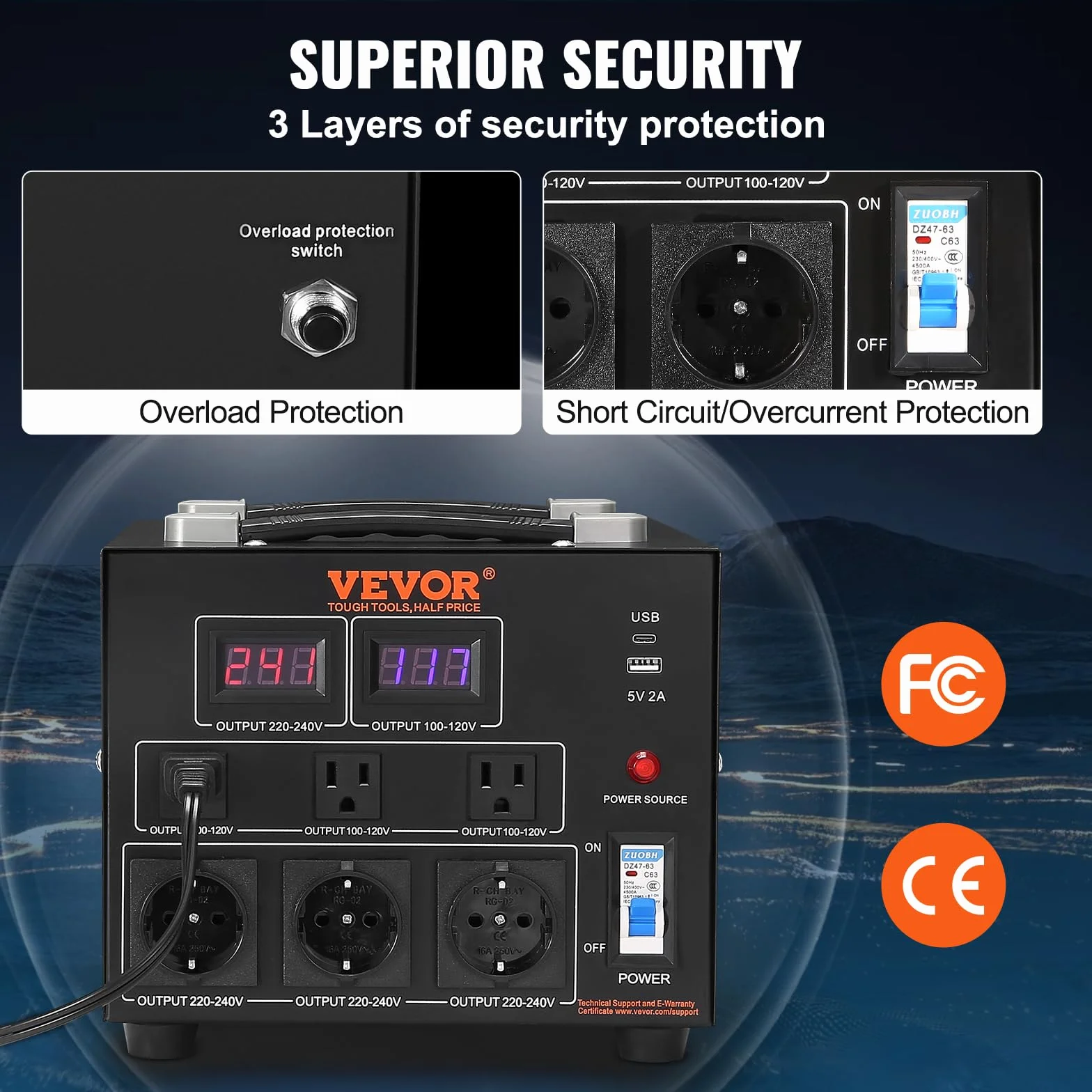 VEVOR Convertitore di Tensione Step Up/Down Portatile 110V-220V / 220V-110V Potenza da 5000VA, Trasformatore di Tensione 5000VA Portatile 270x240x215 mm 6 Spine, Convertitore di Tensione 5000VA USB 5V