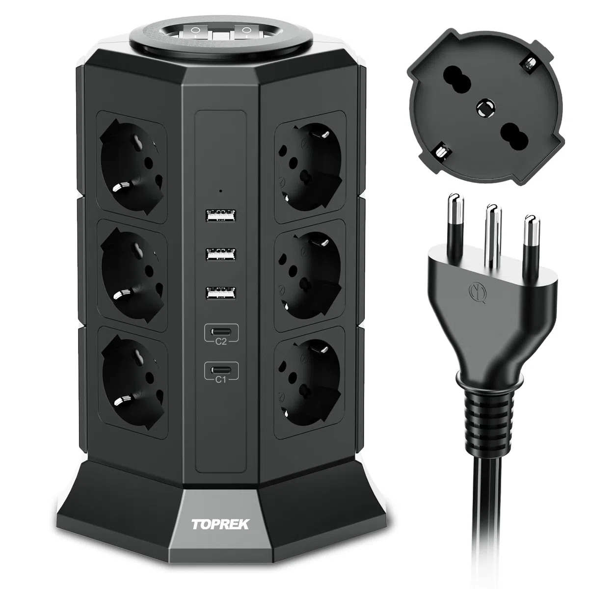 TOPREK Ciabatta Multipresa Verticale con 12 Prese Universali ITA 10/16A e Schuko e 2 USB C(20W PD3.0 Ricarica Rapida) e 3 USB A, Protezione Sovratensione, 4000W/16A, 2 Interruttore, 2M Cavo, Spina 16A