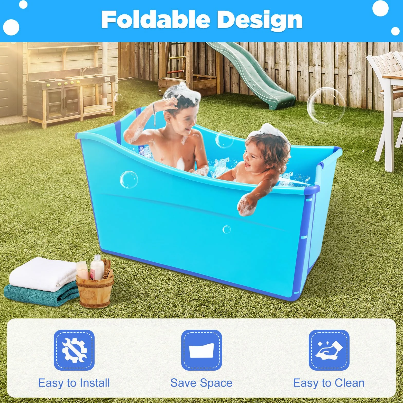 Vasca da bagno pieghevole per adulti, vasca da bagno mobile pieghevole, costruzione leggera, robusta, facile da riporre, grande vasca da bagno per la doccia SPA, blu