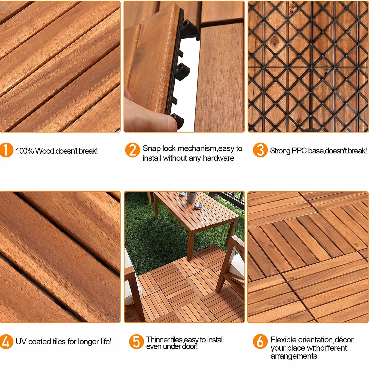 Eulenke Piastrelle in legno di acacia, 1 m², 11 piastrelle da giardino 30 x 30 cm, piastrelle a clic, 6 listelli per giardino, terrazza, balcone