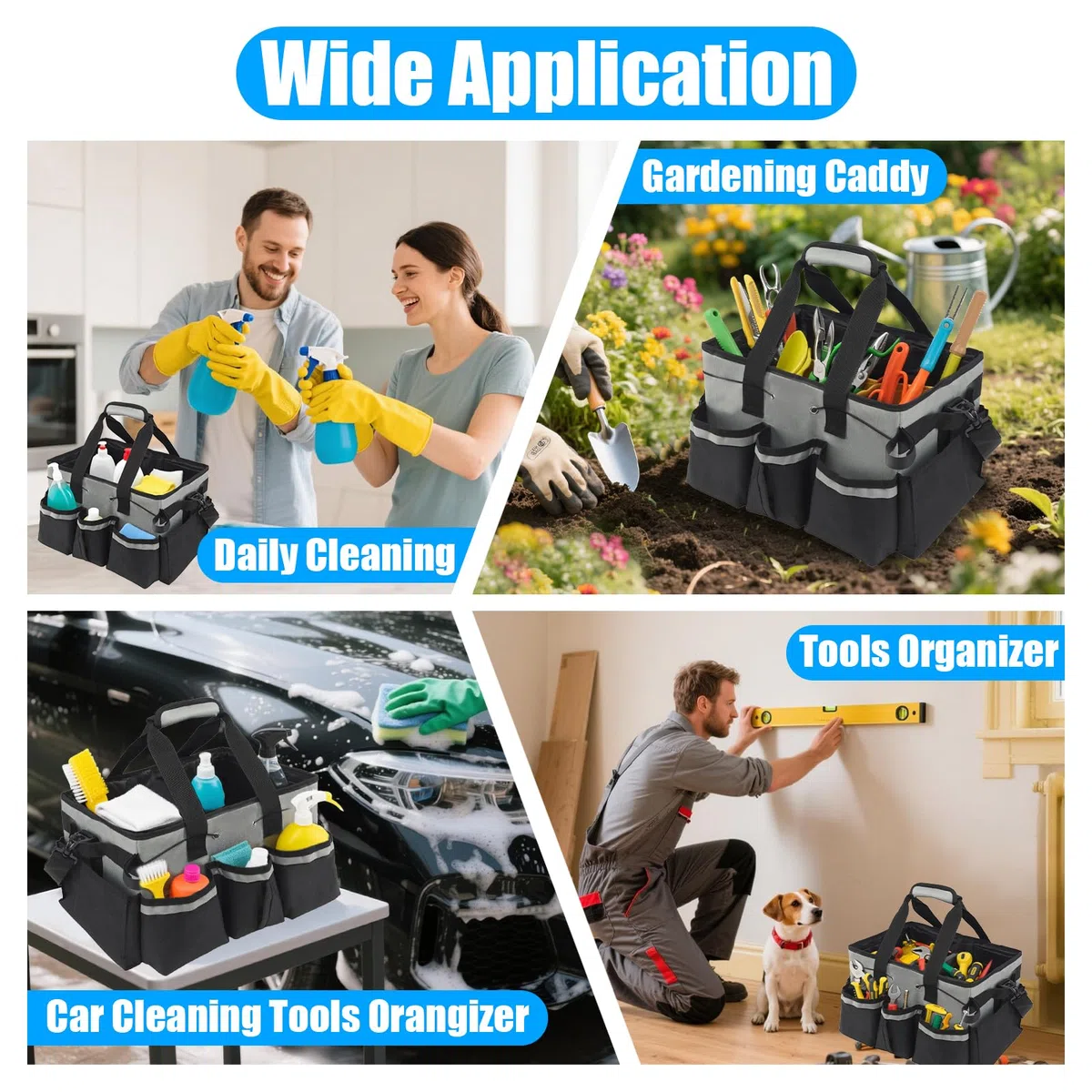 Grande contenitore per la pulizia con manico, organizer multifunzionale per la pulizia, organizer per attrezzi con divisori staccabili, tracolla regolabile per casa, auto, giardino, accessori