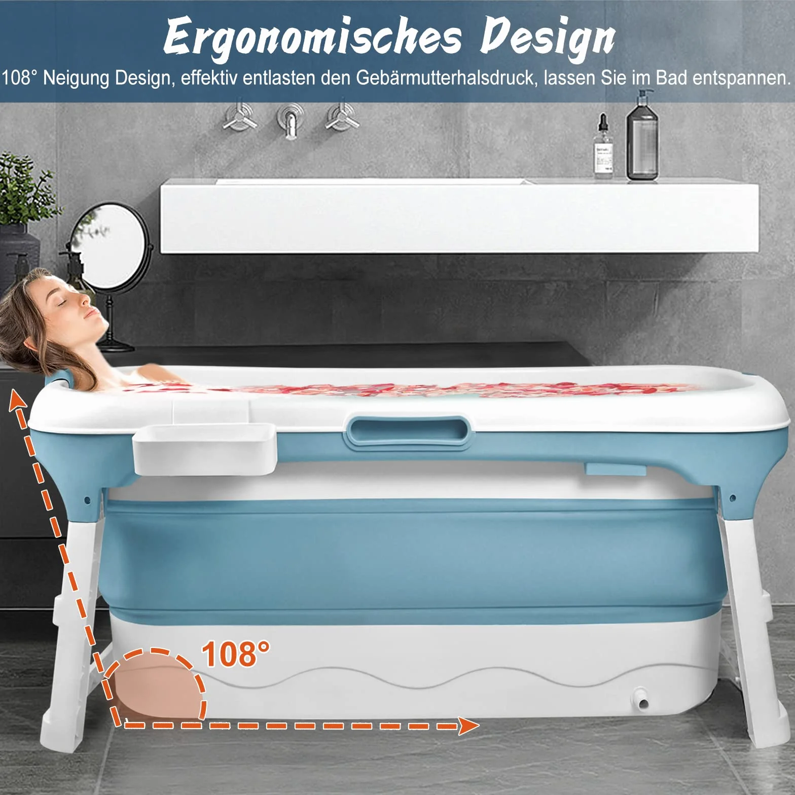 YUENFONG - Vasca da bagno pieghevole per adulti con copertura rimovibile, in materiale PP e plastica, dimensioni: 128 x 62 x 52 cm