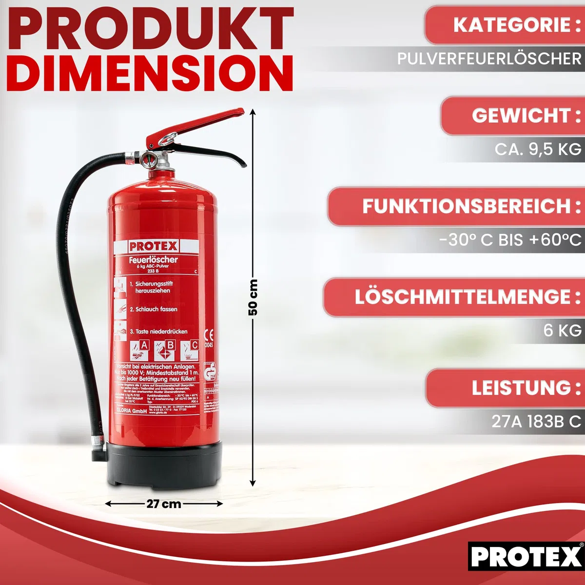 Estintore a polvere Protex PDE 6 estintore a polvere – 6 kg – per le classi di fuoco ABC – certificato secondo DIN EN 3 e CE – 9,5 kg – con pratico supporto – con placca di prova – Made in EU