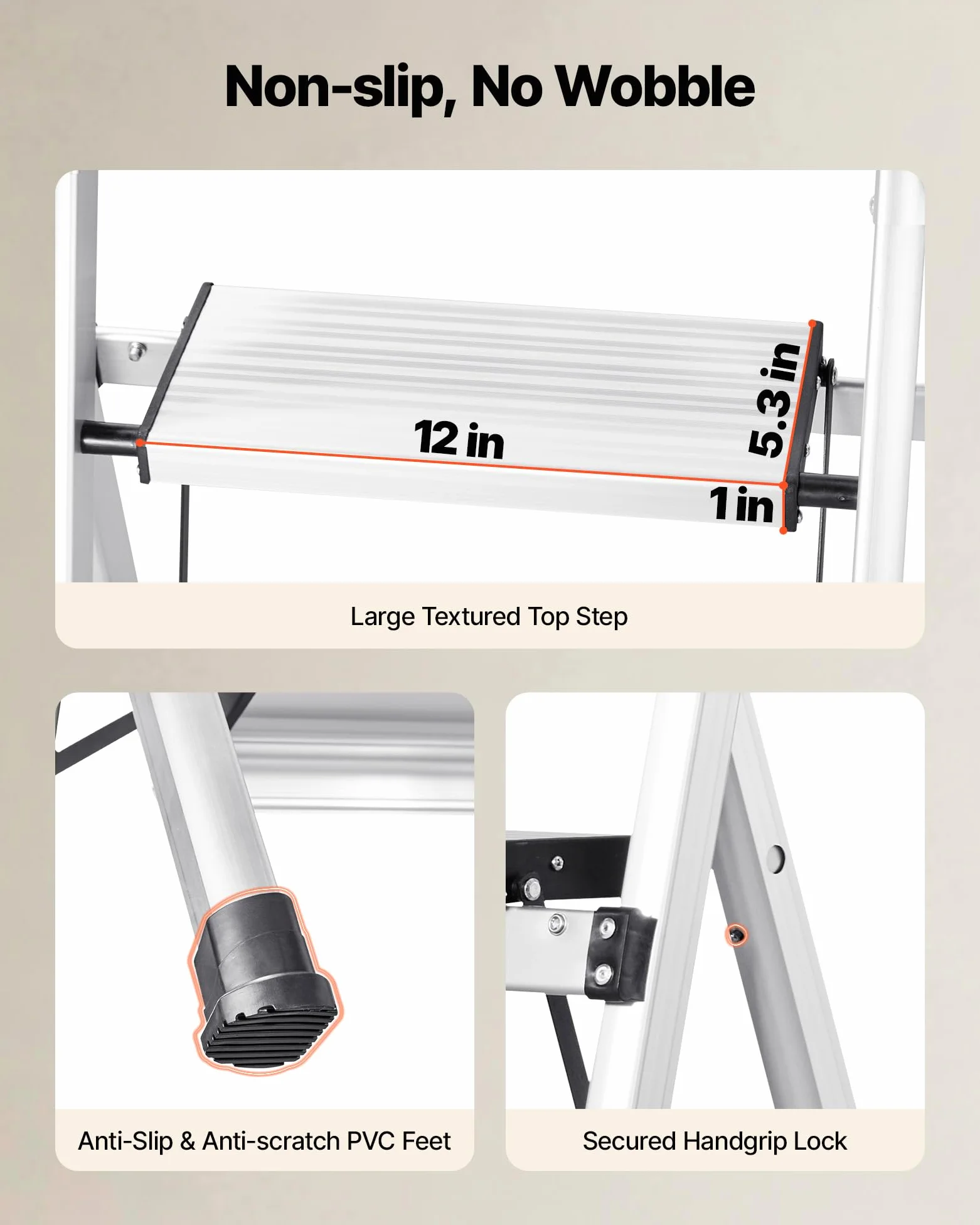 VEVOR Scaletta Pieghevole Salvaspazio con 3 Gradini con Ampio Pedale Antiscivolo e Impugnatura Comoda, Scala a Pioli Portatile in Alluminio con Capacità di 150 kg, Multiuso per Cucina, Casa