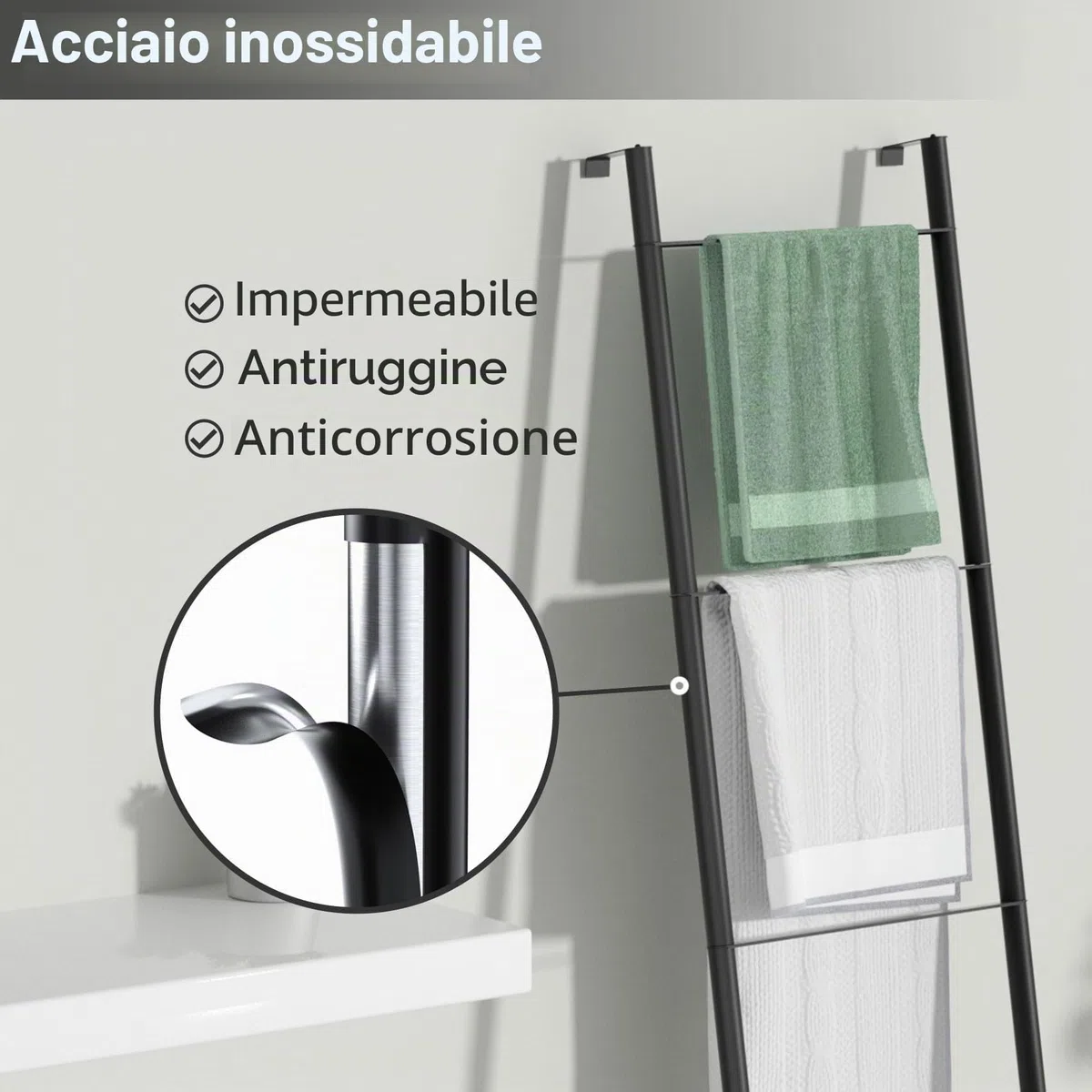 pickpiff Scala in metallo nero, autoportante, da parete, per bagno, soggiorno, cucina, supporto per asciugamani, coperte, coperte (4 ripiani, nero)