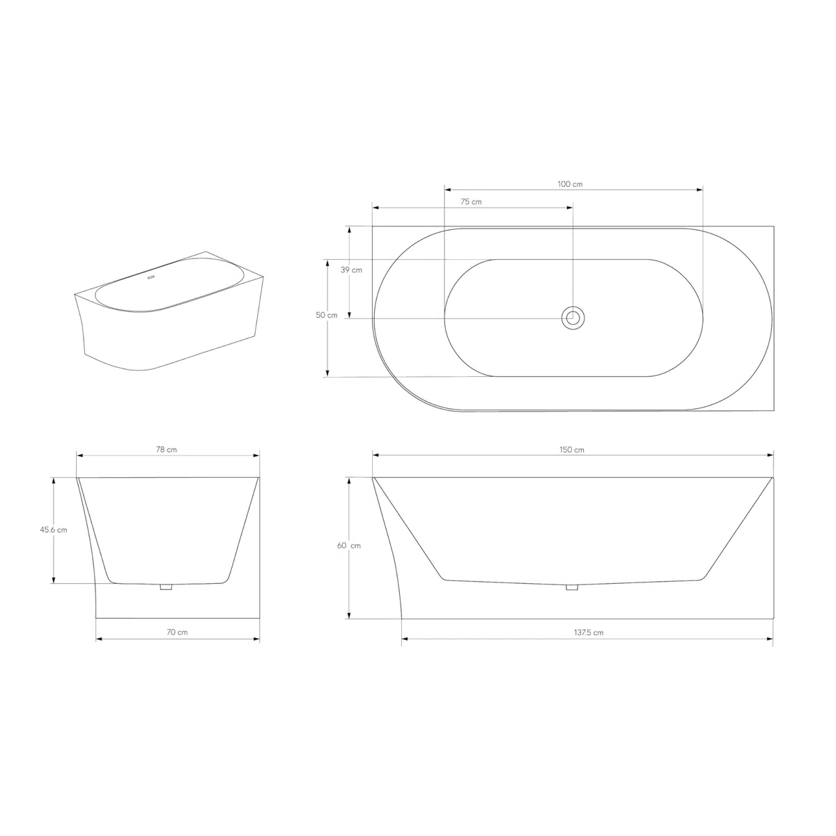 Vasca da bagno freestanding NOVA SLIM LINE - bianco lucido - installazione a destra - Senza rubinetteria, Senza sistema di drennaggio, 150 x 78 cm