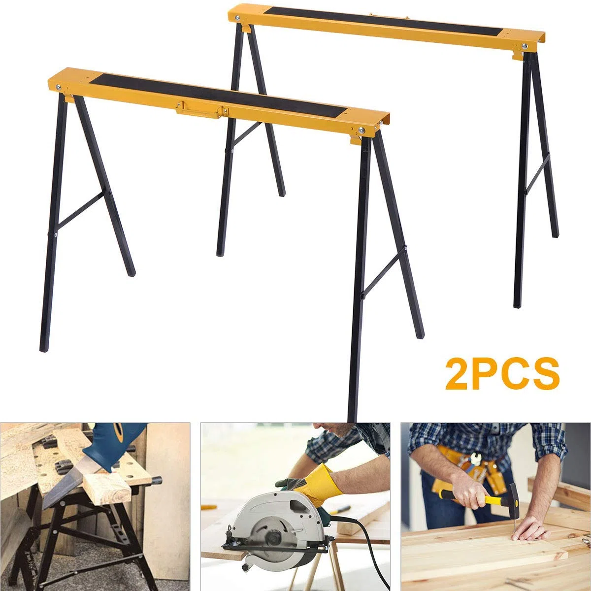 FANTASK 2 cavalletti per ponteggio, set pieghevole, supporto per sega a cavalletto, in metallo, portata fino a 275 kg, supporto pieghevole con manico, in acciaio, giallo