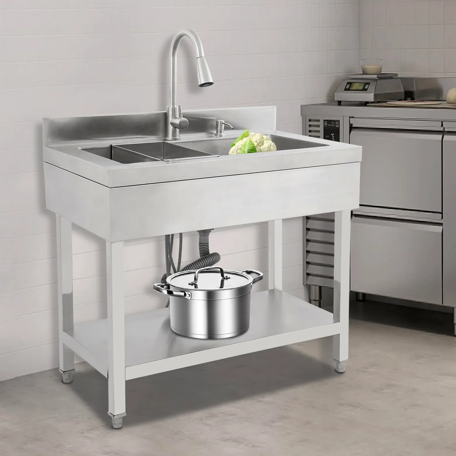 Lavello in acciaio INOX, lavandino da cucina a libera installazione, lavandino per bucato, 90x60x90 cm, lavandino singolo extra grande, lavandini commerciali con rubinetto estraibile e cestello
