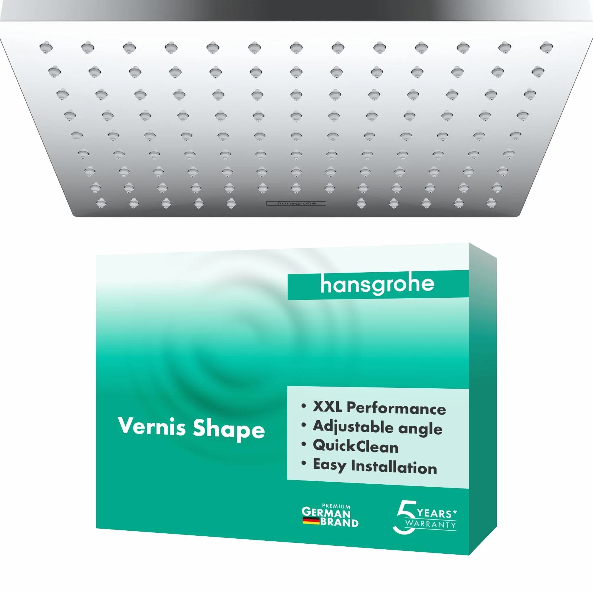hansgrohe Vernis Shape - Soffione doccia, Doccia a pioggia quadrato (230 x 170 mm) con 1 getto per montaggio a parete/soffitto, con funzione anticalcare, cromo, 26281000
