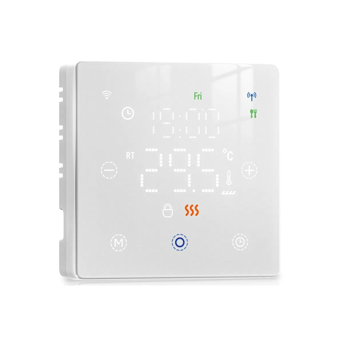 Termostato WiFi a Batterie Bianco, Smart per Caldaia a Gas, Display Touch 86x86mm, Compatibile TUYA Smart Life, Montaggio Parete o Incasso Scatola 502, Programmazione Settimanale