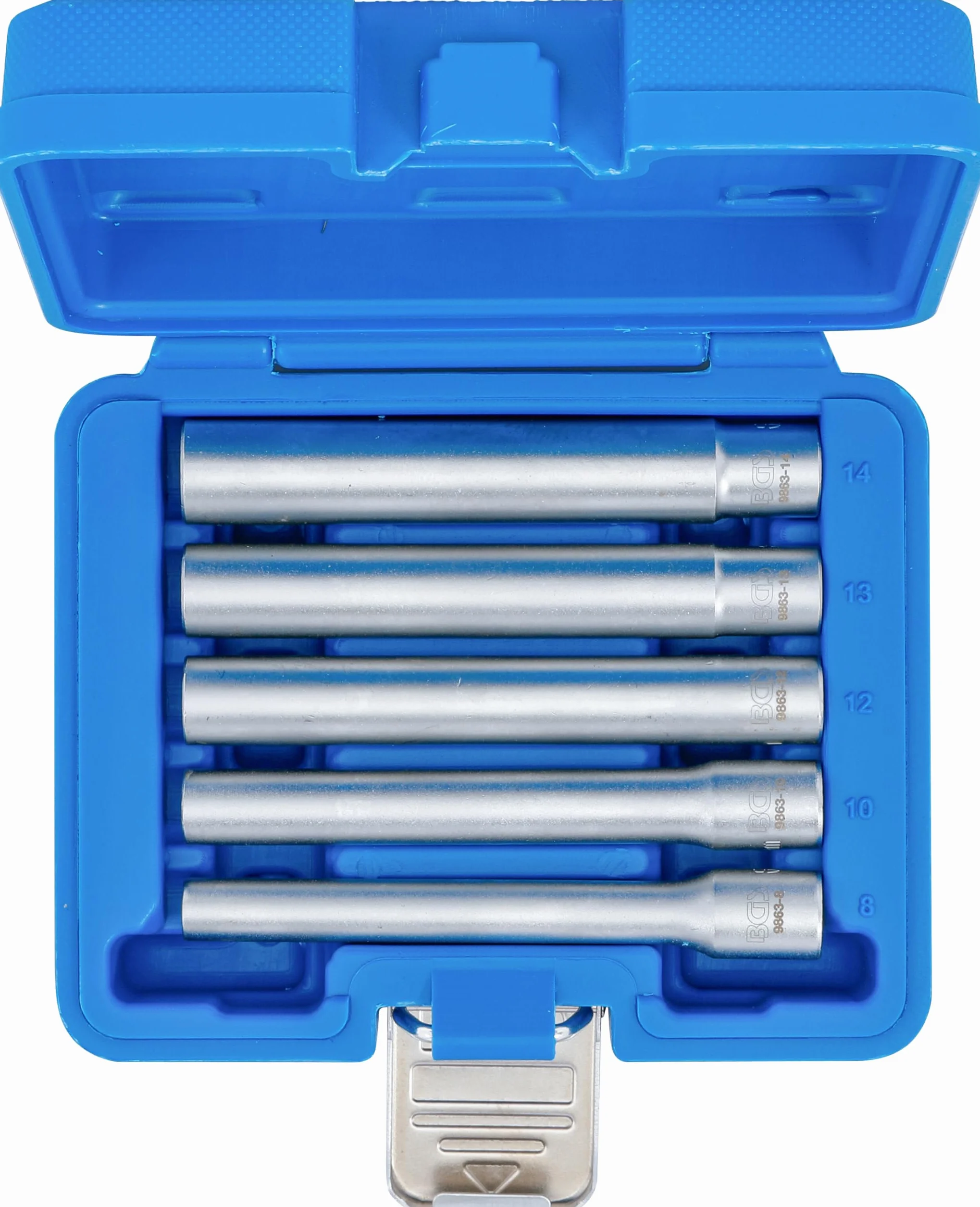 BGS 9863 | Serie di bussole, esagonali, esagono, extra profondo | Attacco quadro incassato 10 mm (3/8") | 8 - 14 mm | 5 pz.
