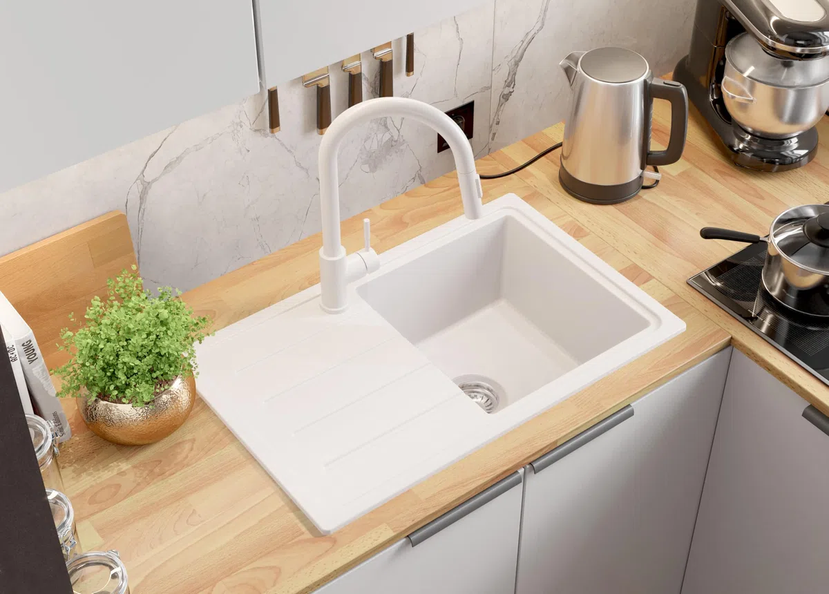 PRIMAGRAN Lavandino da Cucina Bianco 70x44cm, Lavello in Granito a 1 vasca + Rubinetto 32x20cm + Set di accessori, Lavabo da Cucina Incasso al Mobile 45cm - Copenhagen Easy S047