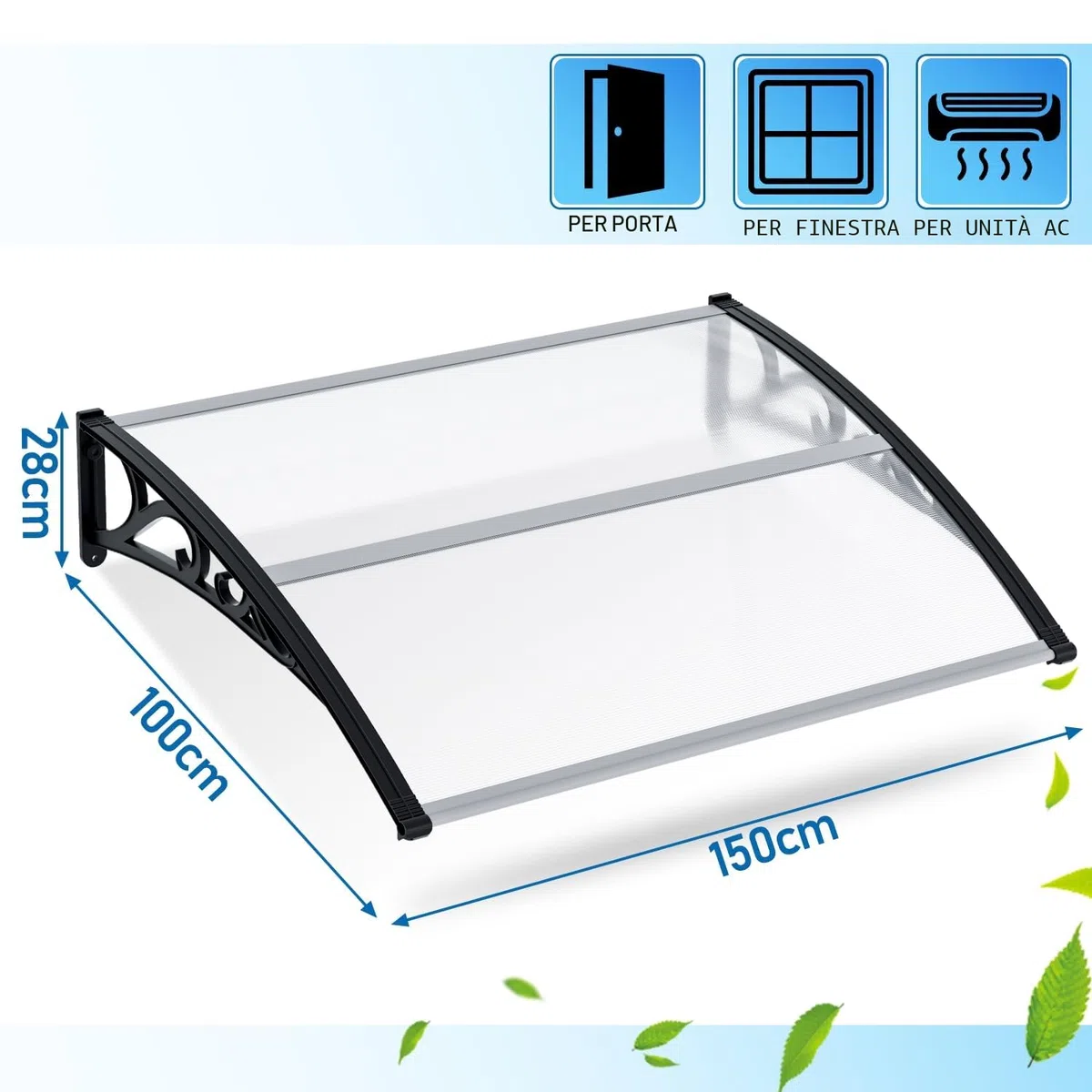 Sonnewelt Pensilina per Porta d'Ingresso 100x150 cm, Tetto in Policarbonato Alveolare 5 mm Trasparente con Struttura ABS, Tettoia ad Arco, Protezione Esterna dalla Pioggia e dal Sole