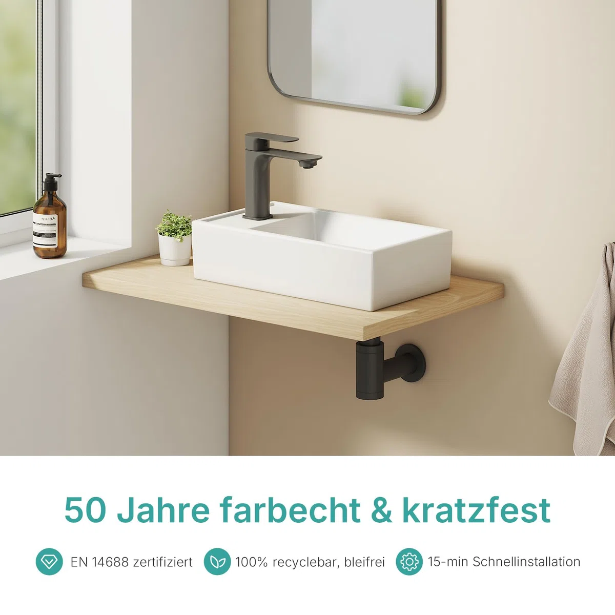 EMKE Piccolo lavandino rettangolare 41,0 x 22,0 x 10,0 cm, in ceramica, con foro per rubinetto, senza troppopieno, piccolo da appoggiare e da parete, ideale per bagno e WC degli ospiti, bianco