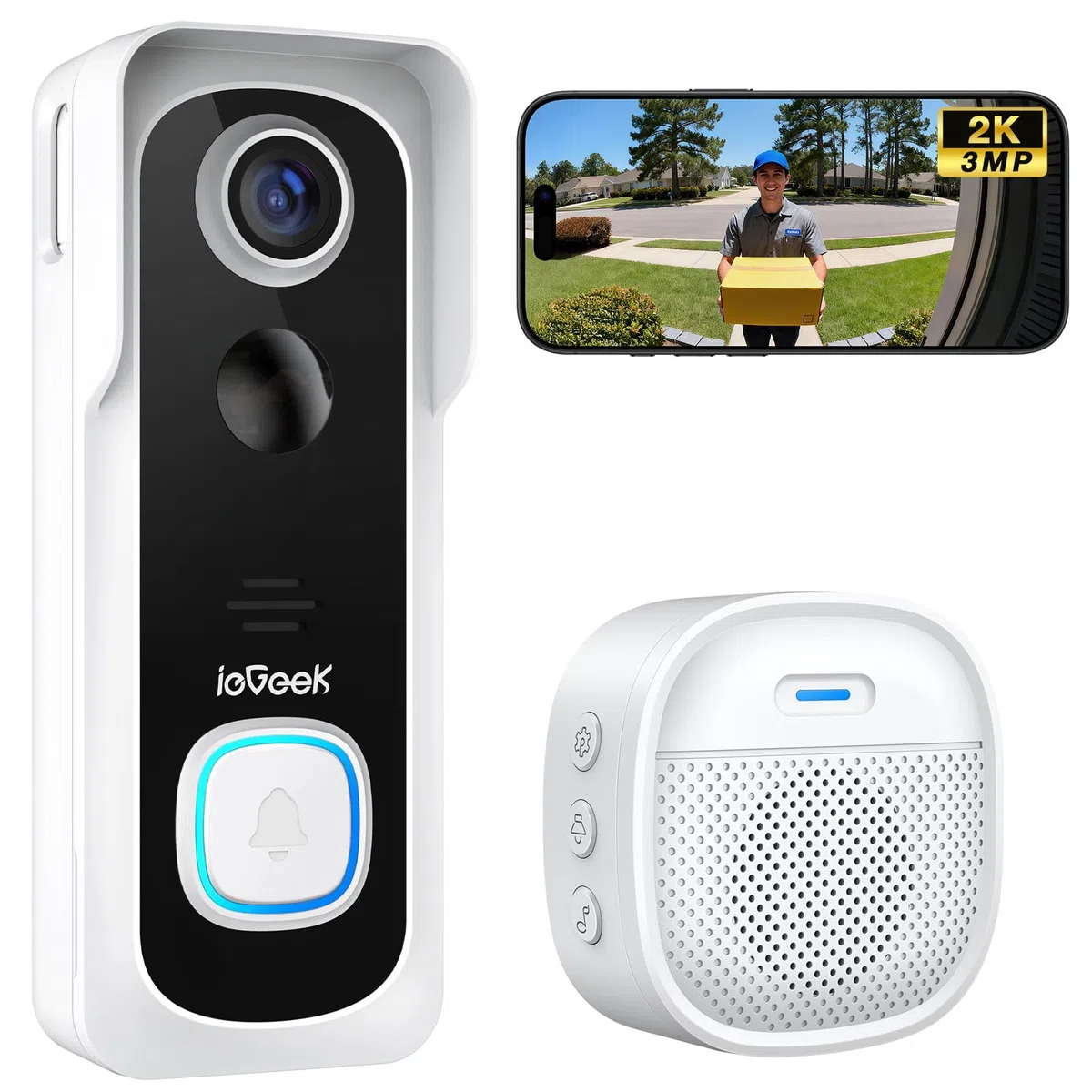 ieGeek Videocitofono Wifi 2K con IP66 Impermeabile, Videocitofono Senza Fili con Visione Notturna, Batteria Ricaricabile, Rilevamento Intelligente, per Casa o Azienda, Alexa Compatibile (Bianco)