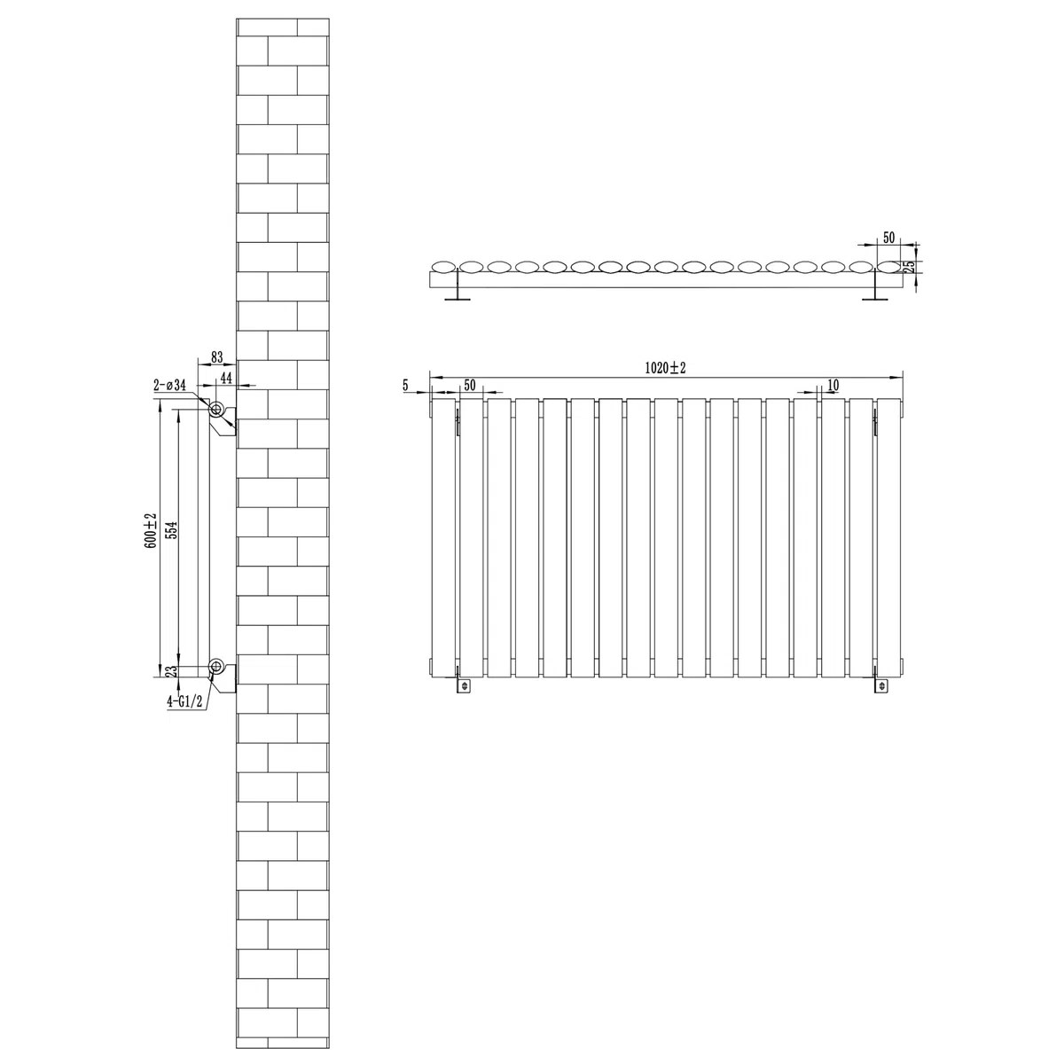 Radiatore Ovale a Colonna Singola 600 x 1020 mm Orizzontale Design Moderno Acciaio al Carbonio Riscaldamento Centrale Antracite con Kit Fissaggio e Spazzola