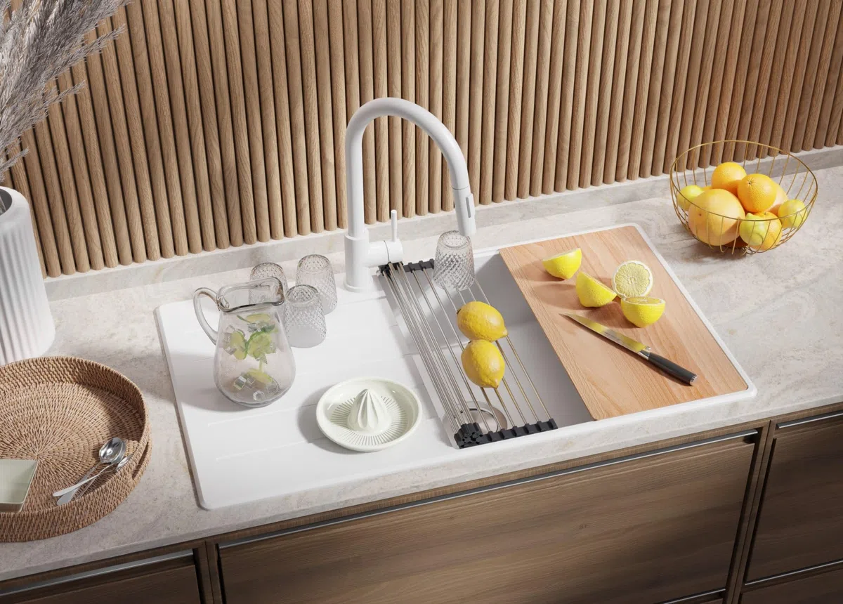 PRIMAGRAN Lavandino da Cucina Tutto Bianco 90x50cm, Lavello in Granito a 1 vasca + Rubinetto 40x20cm + Set di accessori, Lavabo da Cucina Incasso al Mobile 60cm - Copenhagen Top S680