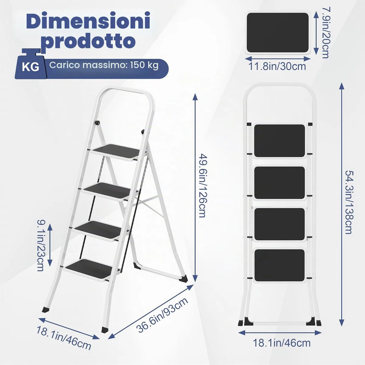 LARS360 Scala a pioli pieghevole 4 gradini – Scala a pioli pieghevole in acciaio con gradini antiscivolo, portata 150 kg, scala pieghevole per casa, cucina, ufficio, salvaspazio solo 5 cm (nero +