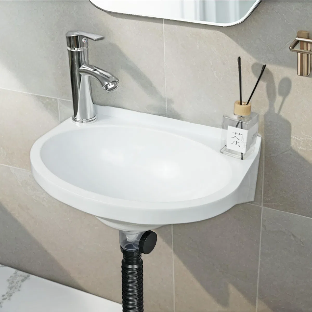 Lavello da bagno piccolo da parete, installazione senza trapano, autoadesivo, 30 x 28 cm, con foro per rubinetto da 3,2 cm, mini lavello in plastica per casa, dormitorio, garage