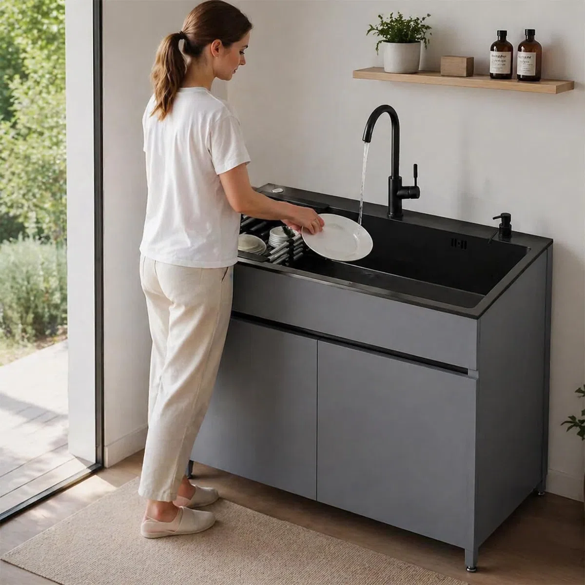Lavello da Esterno Autoportante con Mobile 68/80cm, Corpo in Alluminio Alveolare con Miscelatore Caldo/Freddo, Scolapiatti Estensibile per Garage Giardino Officina