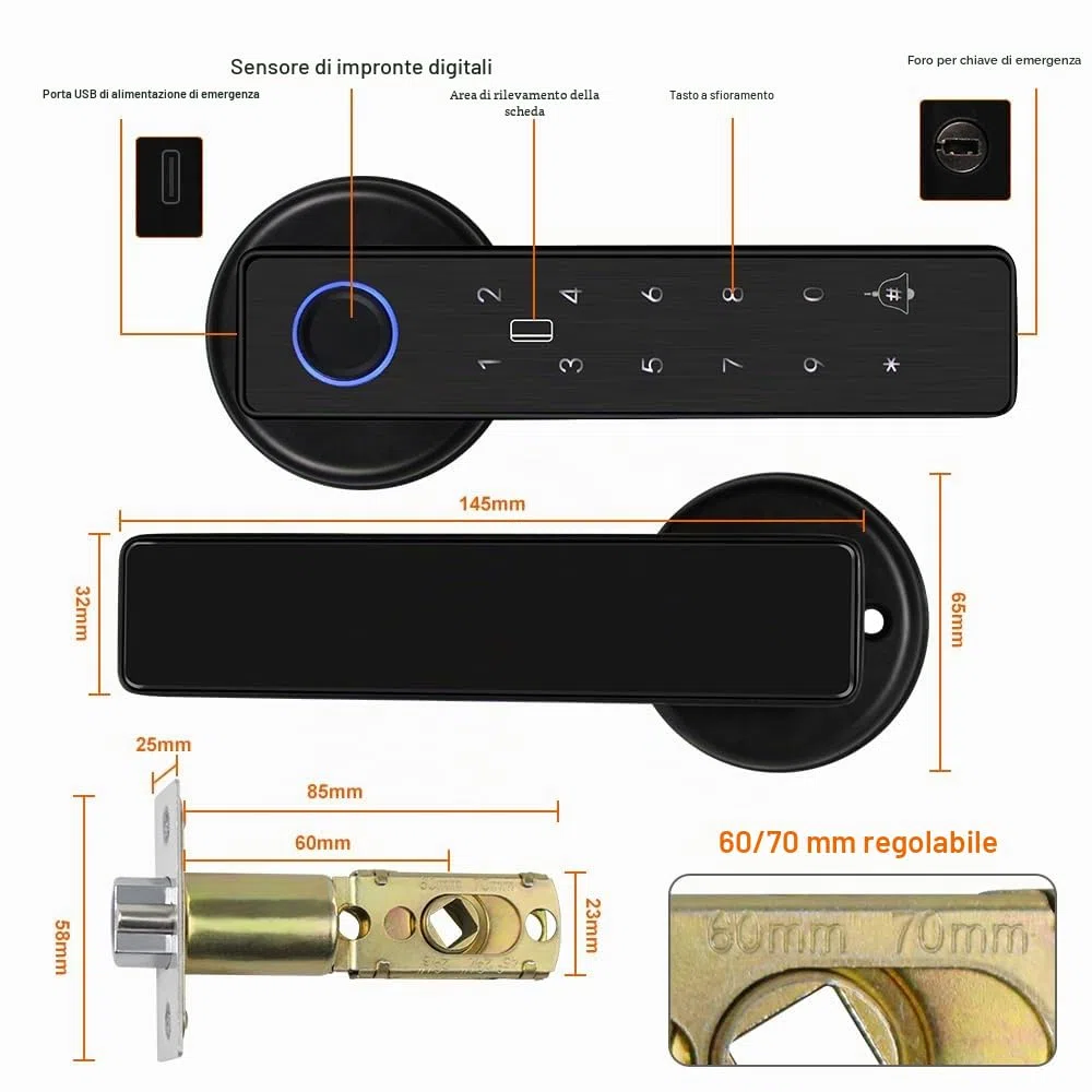 Smart Door 5-in-1 Lock Maniglia Porta Elettronica con Tastiera Password WiFi TUYA Smart Lock con Improntata Biometrica Digitale RFID IC Card Touch per Casa Ufficio Appartamento