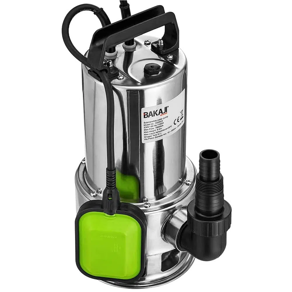 Bakaji Pompa Immersione Elettropompa Sommersa Acque Scure Sporche Potenza 1100W Portata 18000L/h Profondità Massima 9 Metri con Corpo Acciaio Fondo Piatto Maniglia per il Trasporto Cavo 10 metri