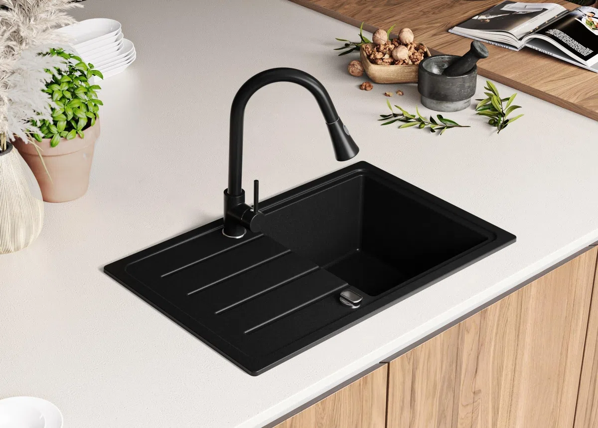 PRIMAGRAN Lavandino da Cucina Nero 70x44cm, Lavello in Granito a 1 vasca + Rubinetto 32x20cm + Set di accessori, Lavabo da Cucina Incasso al Mobile 45cm - Copenhagen Easy S045