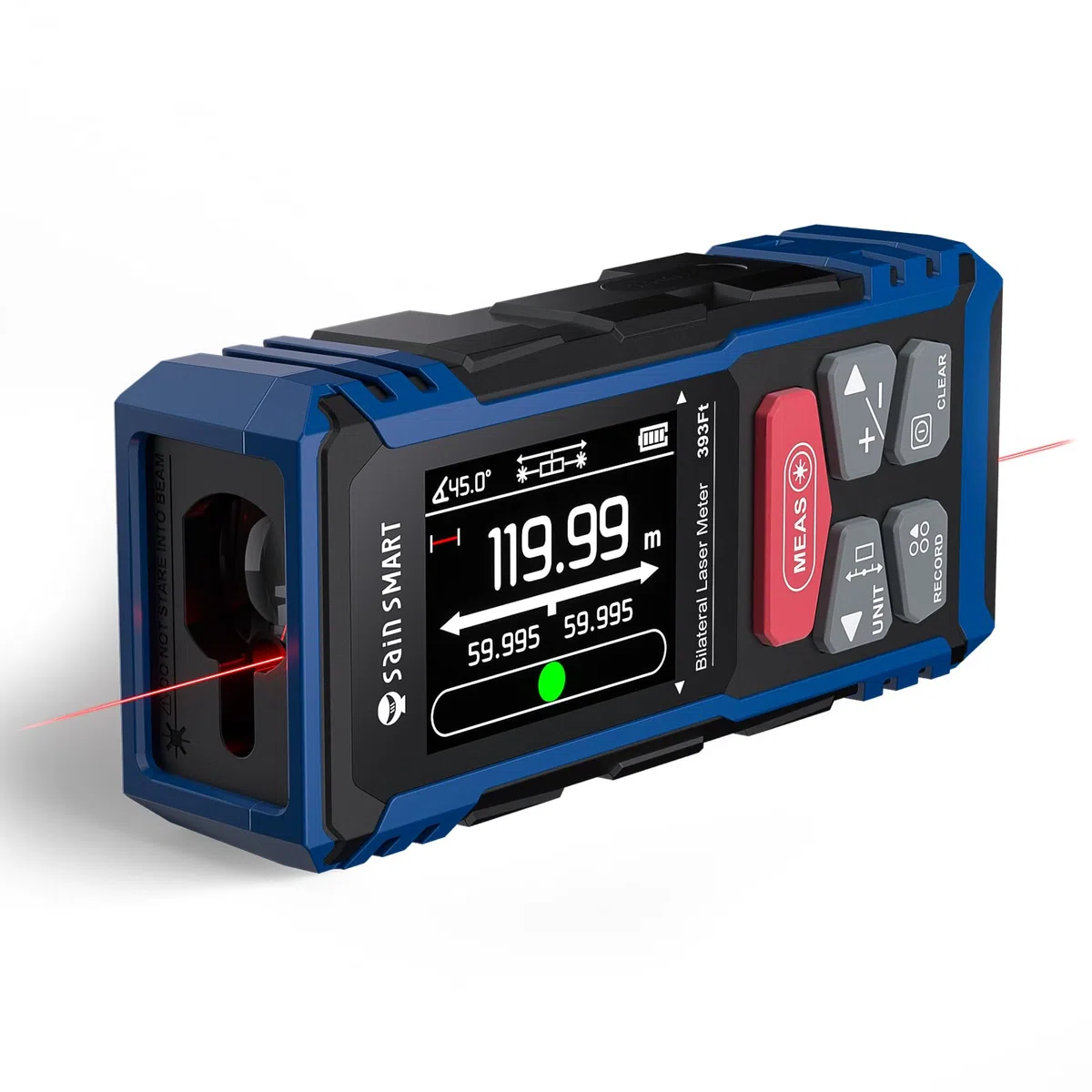 Strumento di misurazione laser doppio SainSmart, misuratore di distanza bilaterale ricaricabile da 120 metri con LCD retroilluminato, sensore di lunghezza/area/volume/angolo