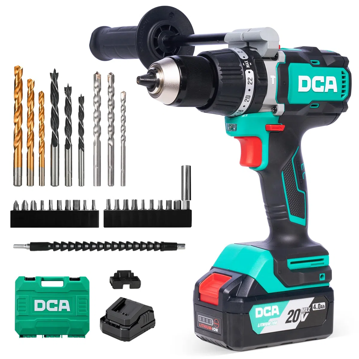 DCA Trapano Avvitatore A Percussione Brushless 20 V, 120 Nm, Mandrino Metallo 13 mm, Frizione 24+1+1, 32000 Colpi/min, Con Batterie 4,0 Ah Per Mattoni, Metallo E Legno