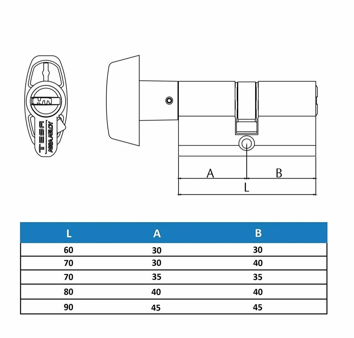 TESA ASSA ABLOY TX8B3035L Cilindro europeo TX80, 30 x 35 mm, per serrature a profilo europeo per porte residenziali e commerciali, installazione semplice dall’esterno con una sola vite