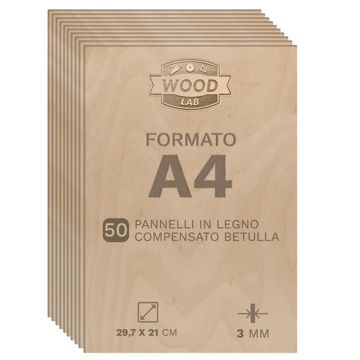 Wood Lab 50 x A4 Pannelli in Compensato Betulla | 3mm (±0,5mm) 29,7 x 21 cm | Tavole Grezze per Bricolage, Pirografia, Traforo, CNC, Laser, Decorazione, Decoupage, Incisione (50)
