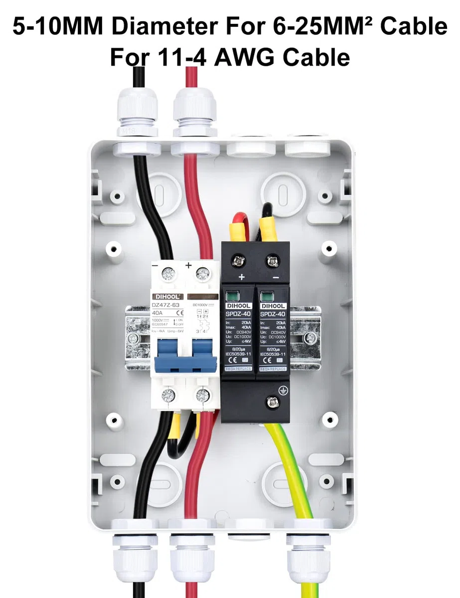DIHOOL Protezione da sovratensione PV DC, interruttore di separazione, protezione da fulmini, 1000 VDC, 2 poli, 40 A, 20-40 KA, protezione solare da tensione per fotovoltaico, IP65, impermeabile