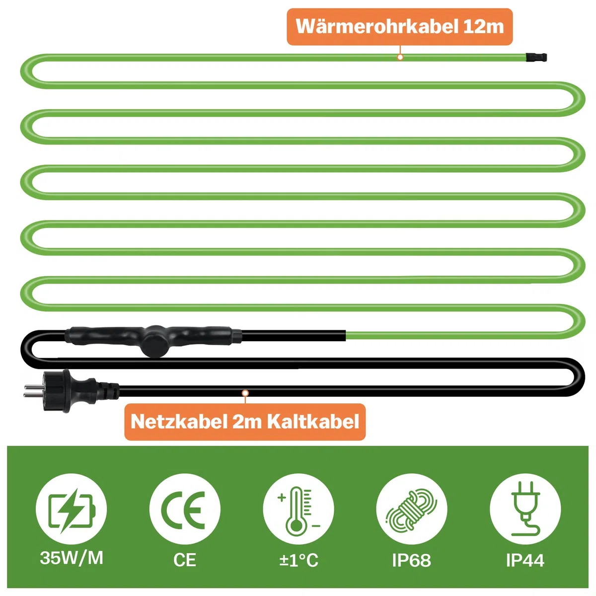 Cavo riscaldante autoregolante, 12 m, protezione antigelo con termostato integrato per la protezione dei tubi dell'acqua, ideale per piante, impermeabile con spina di protezione 35 W/m, 230
