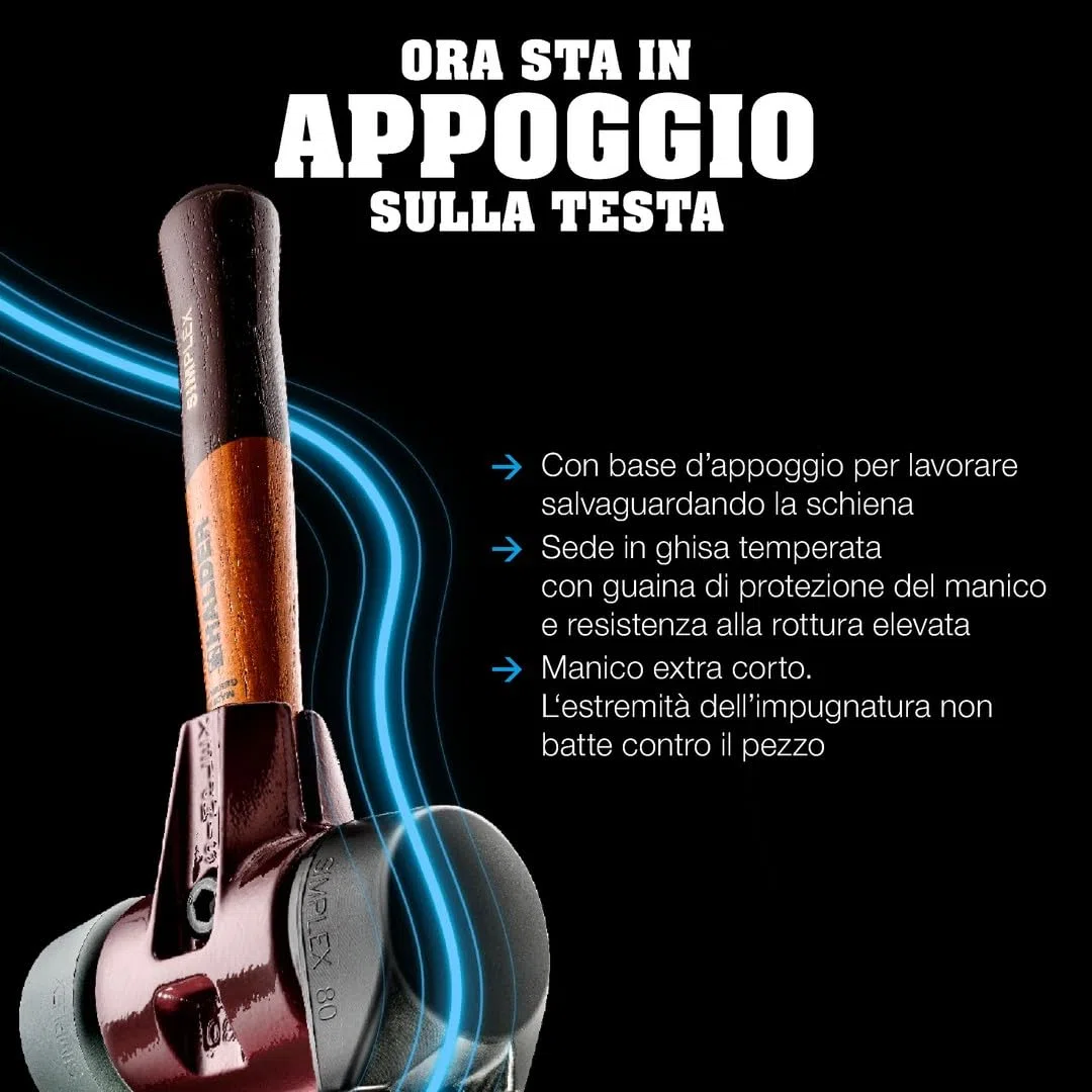Simplex 3027.262 - Martello in gomma, con supporto in ghisa malleabile e manico in legno extra corto di alta qualità, D = 60 mm, versione manico = extra corto