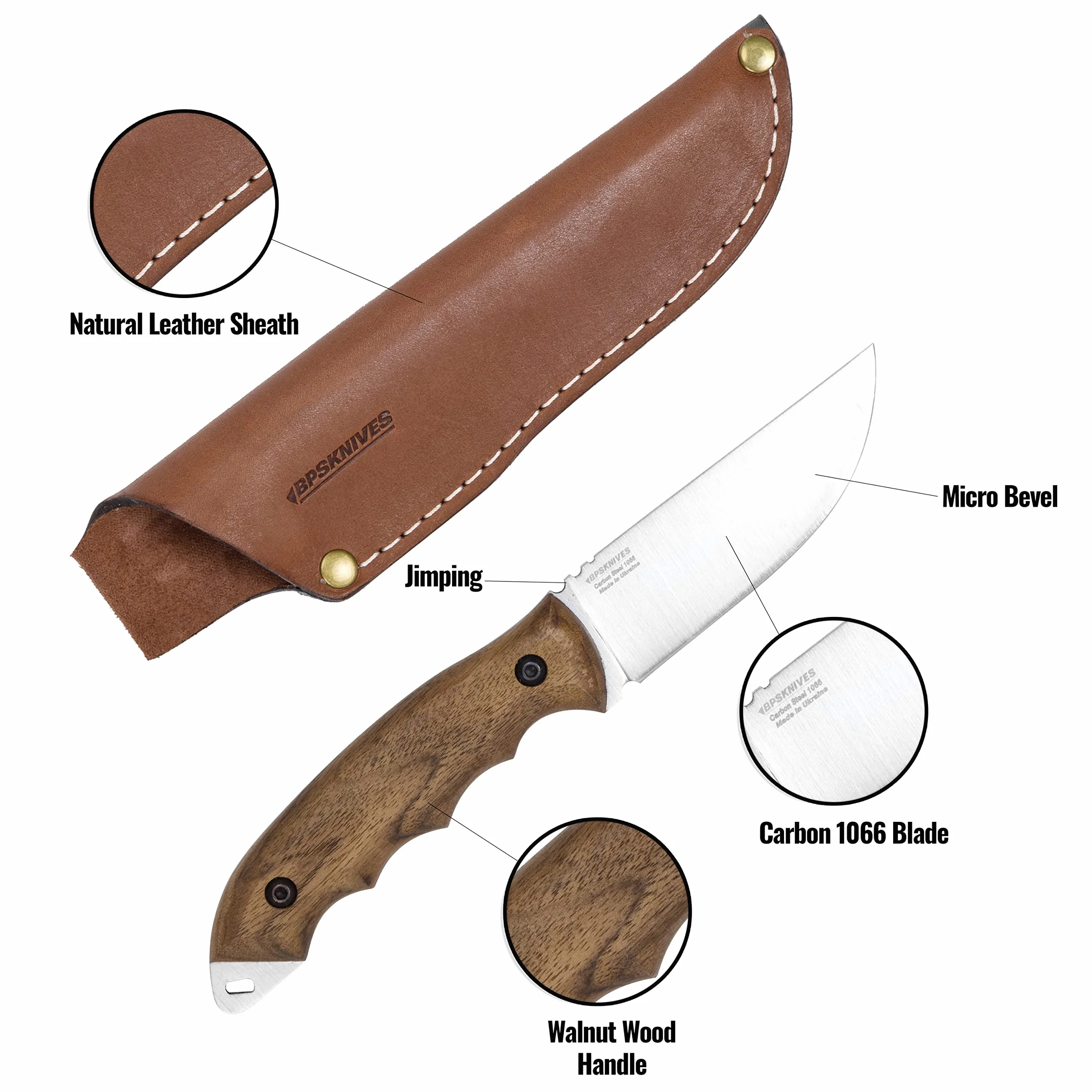 BPSKNIVES HK4 CSH - Coltello in acciaio al carbonio a lama fissa - Coltello da campeggio sopravvivenza campo artigianali con manico in legno e Full-Tang con fodero in cuoio