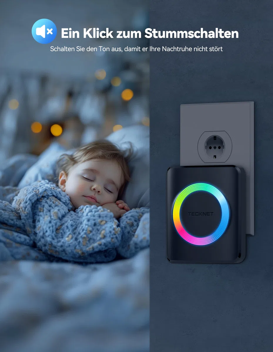 TECKNET Campanello Senza Fili Impermeabile IP65(1 Trasmettitore e 3 Ricevitore), Portata 400M, 5 Livelli Volume 60 Melodie, RGB Campanello Wireless Esterno, Nero