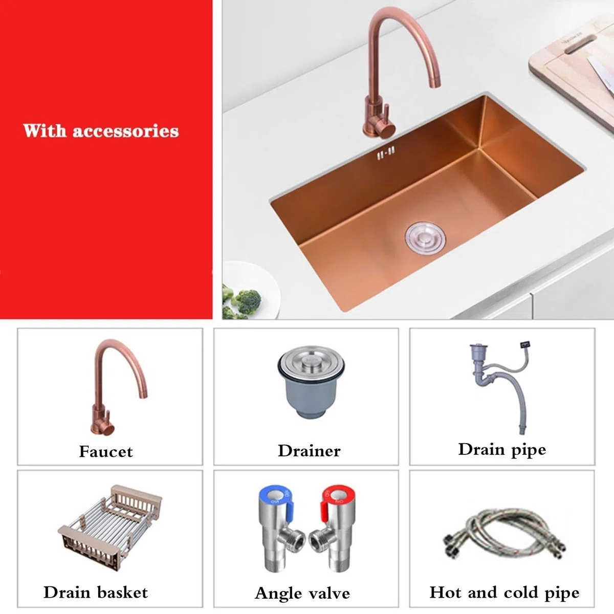 Lavello Da Cucina In Acciaio Inox A Vasca Singola Per Installazione Su Cavalletto/Fuori Cavalletto, Include Accessori Per Il Lavaggio Delle Verdure, Ideale Per L'Arredamento Del Bagno, Oro Rosa 60*40