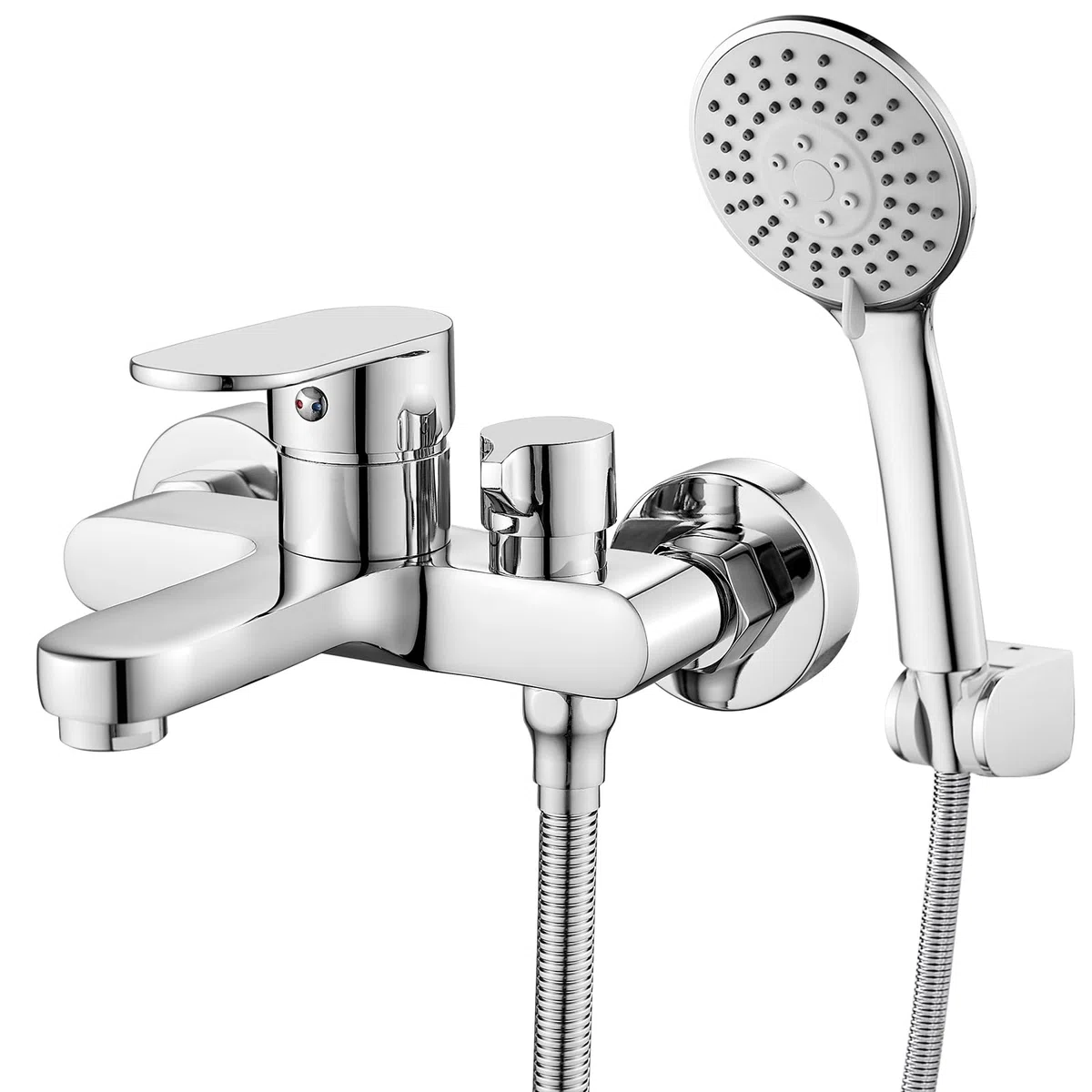 Rubinetto per vasca da bagno con doccetta, miscelatore per vasca da bagno cromato, con soffione doccia a 3 funzioni, in ottone per doccia, montaggio a parete 150 mm
